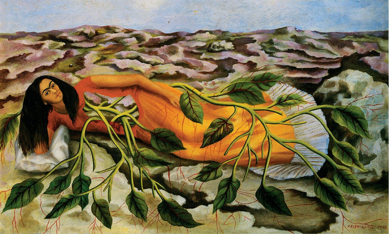 Surrealist painting by Frida Kahlo depicting a female figure on drought-ridden ground, with green leaves growing out of her